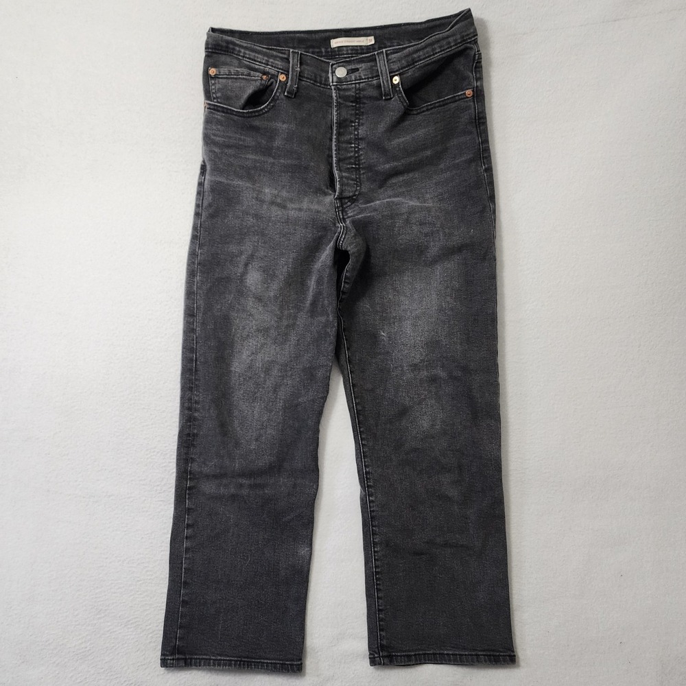 Levis Ribcage Straight Ankle Jeans Womens 31x26 Black Denim Button Fly Grunge